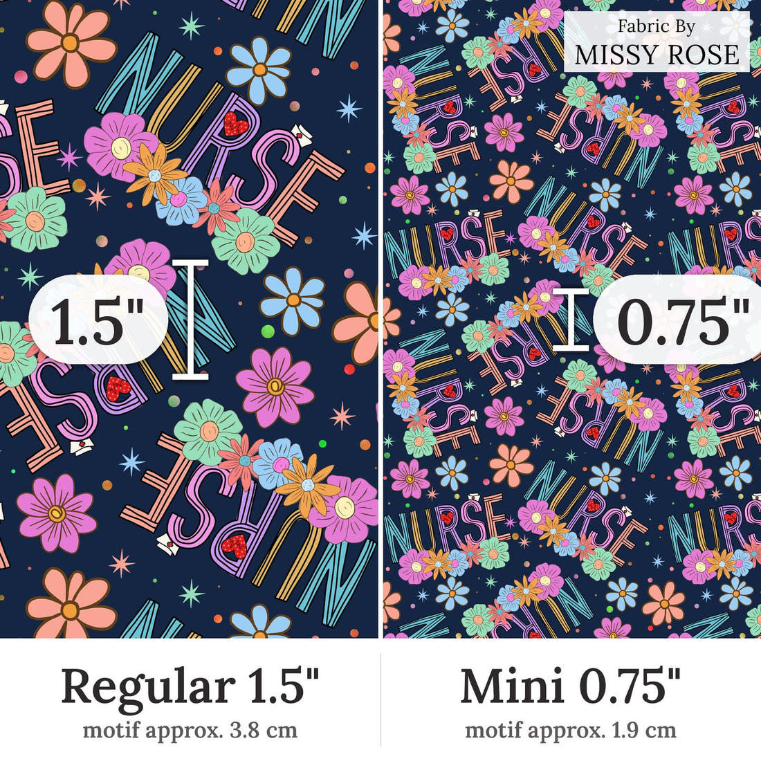 Design 86 Navy Nurse Fabric Regular 1.5 inch vs Mini 0.75 inch print scale side by side | Fabric by Missy Rose