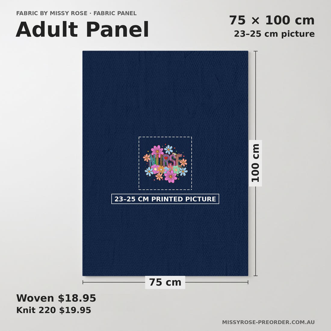 Design 86 Navy Nurse Panel adult panel sizing – 23–25 cm printed picture on 75 × 100 cm fabric | Fabric by Missy Rose