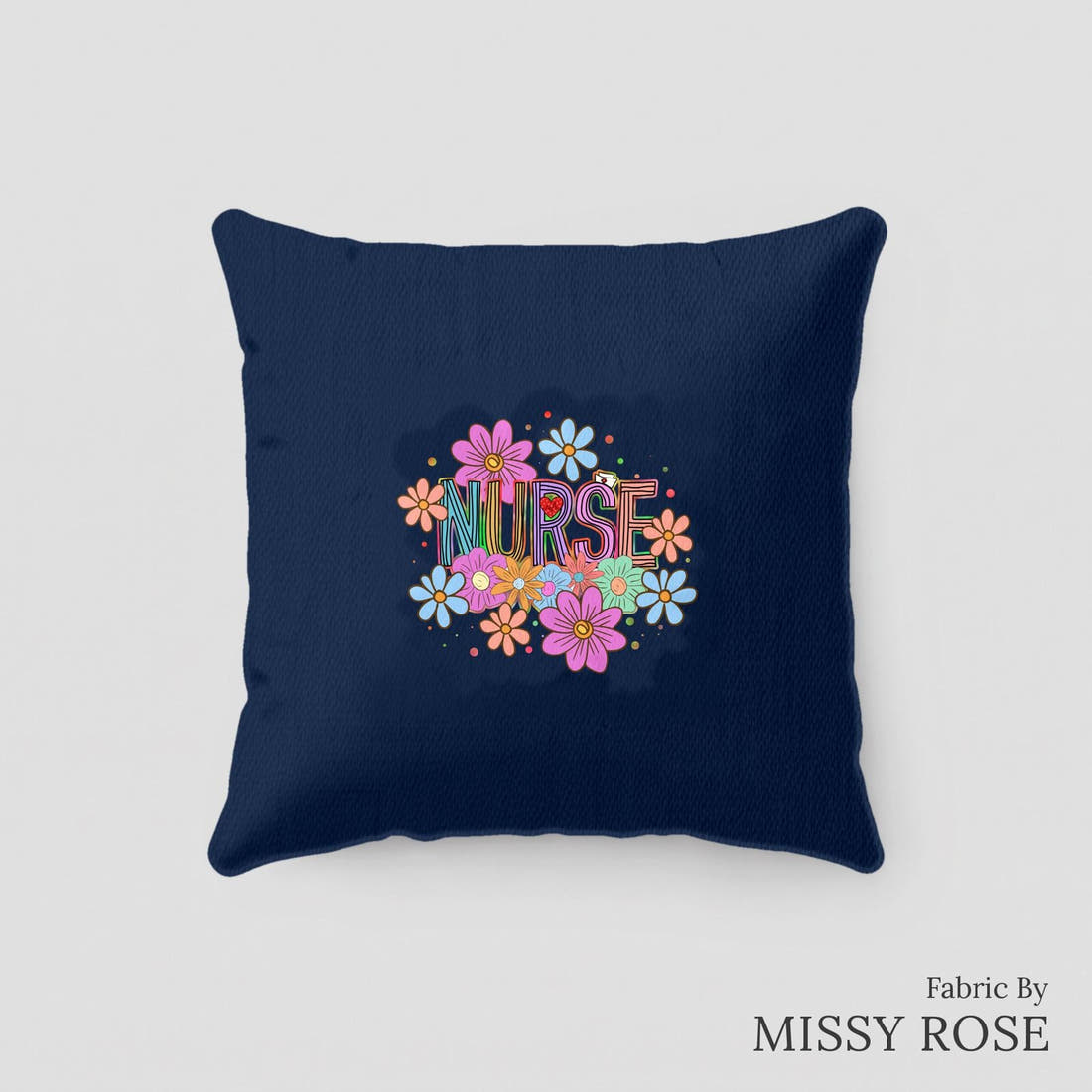 Design 86 Navy Nurse Panel sewn into a cushion – see how the panel looks made up | Fabric by Missy Rose