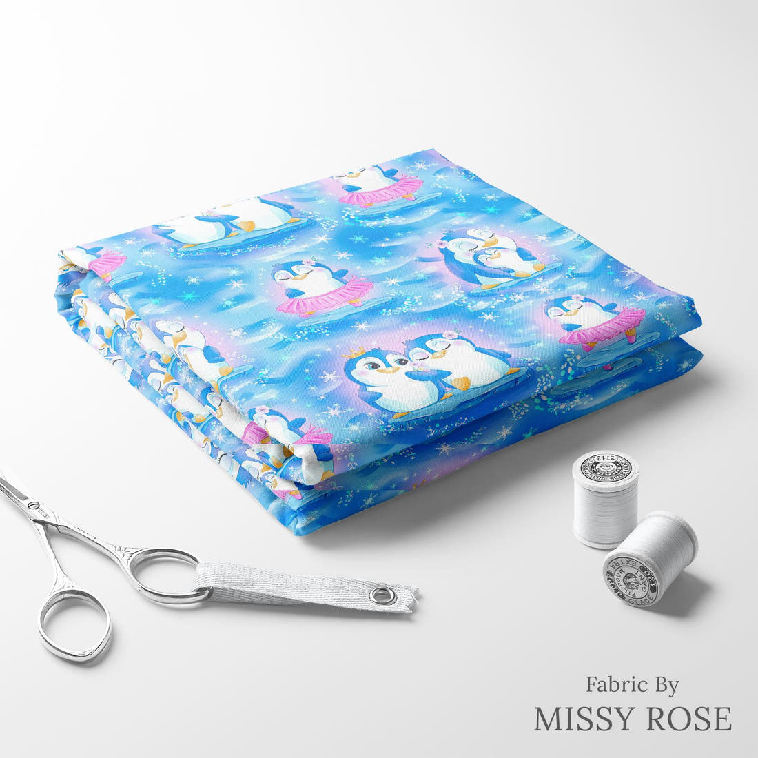 Design 860 Cute Penguin Fabric folded fabric stack with matching thread – pre-order fabric Australia | Fabric by Missy Rose