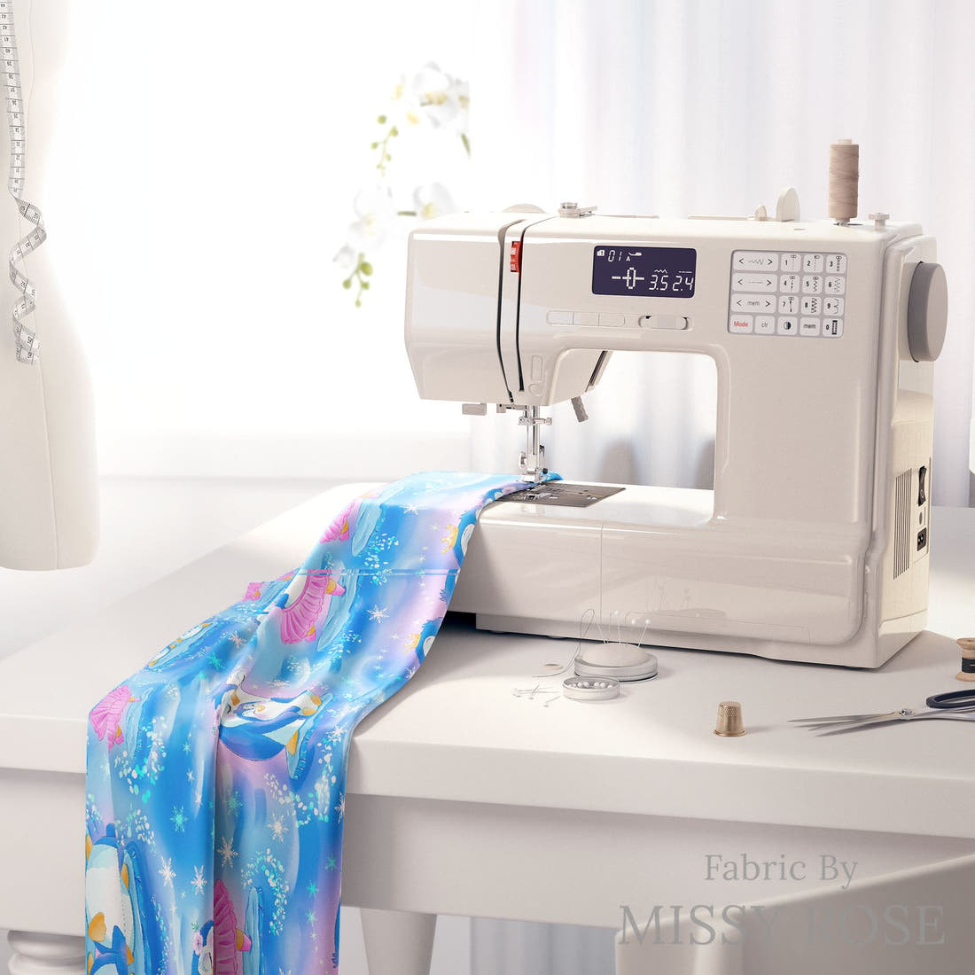 Design 860 Cute Penguin Fabric on a sewing machine – premium fabric for sewing projects | Fabric by Missy Rose