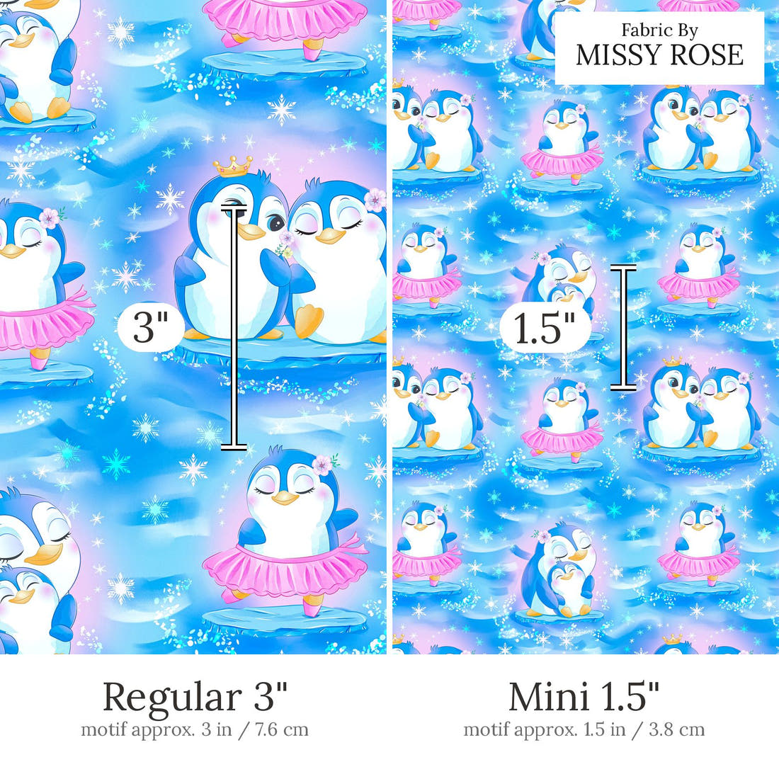 Design 860 Cute Penguin Fabric Regular 3 inch vs Mini 1.5 inch print scale side by side | Fabric by Missy Rose