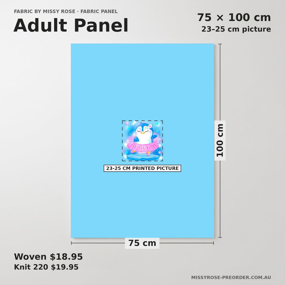 Design 860 Cute Penguin Panel adult panel sizing – 23–25 cm printed picture on 75 × 100 cm fabric | Fabric by Missy Rose