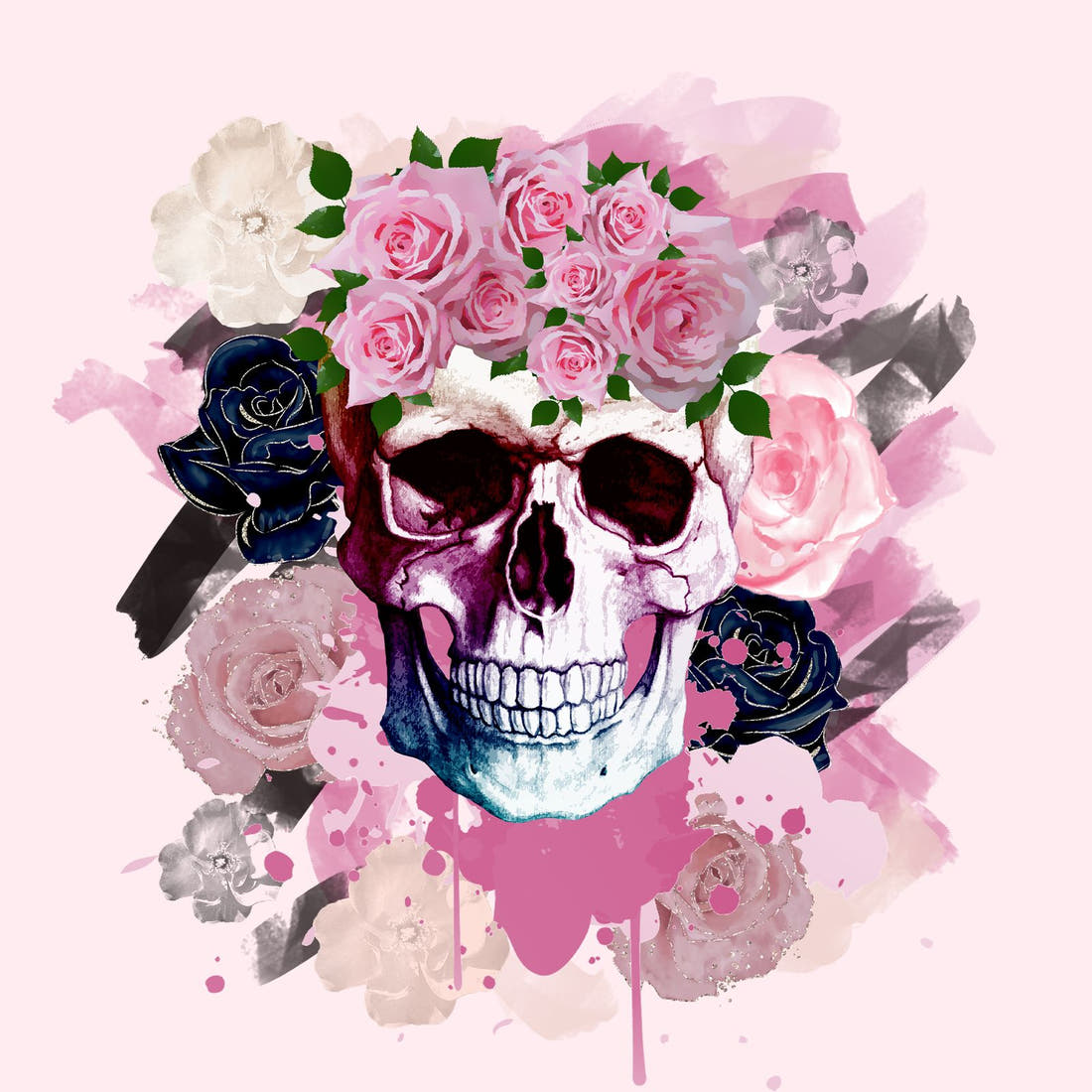 Design 861 Pink Skulls Panel – full artwork close-up of the printed picture | Fabric by Missy Rose