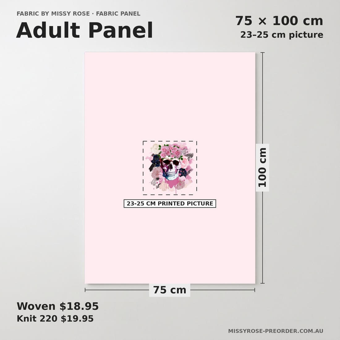 Design 861 Pink Skulls Panel adult panel sizing – 23–25 cm printed picture on 75 × 100 cm fabric | Fabric by Missy Rose