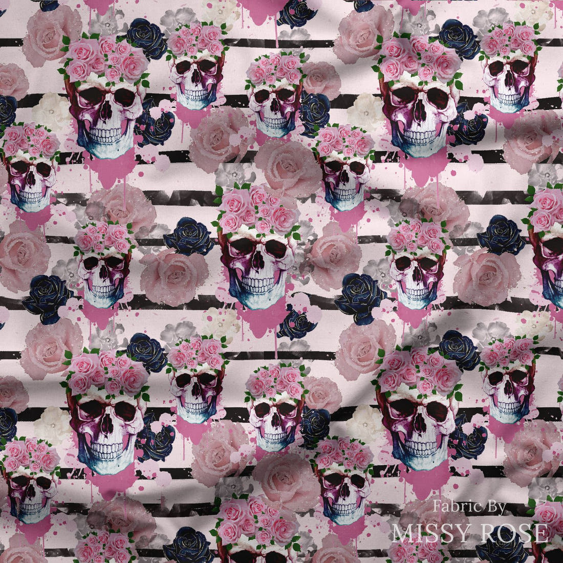 Design 861 Pink Skulls Fabric draped fabric mockup – custom printed fabric by the metre | Fabric by Missy Rose