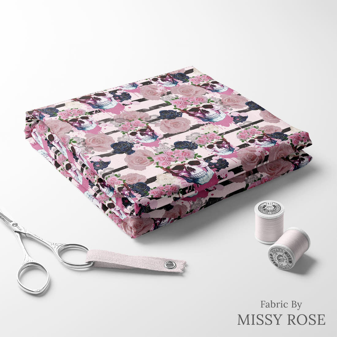 Design 861 Pink Skulls Fabric folded fabric stack with matching thread – pre-order fabric Australia | Fabric by Missy Rose