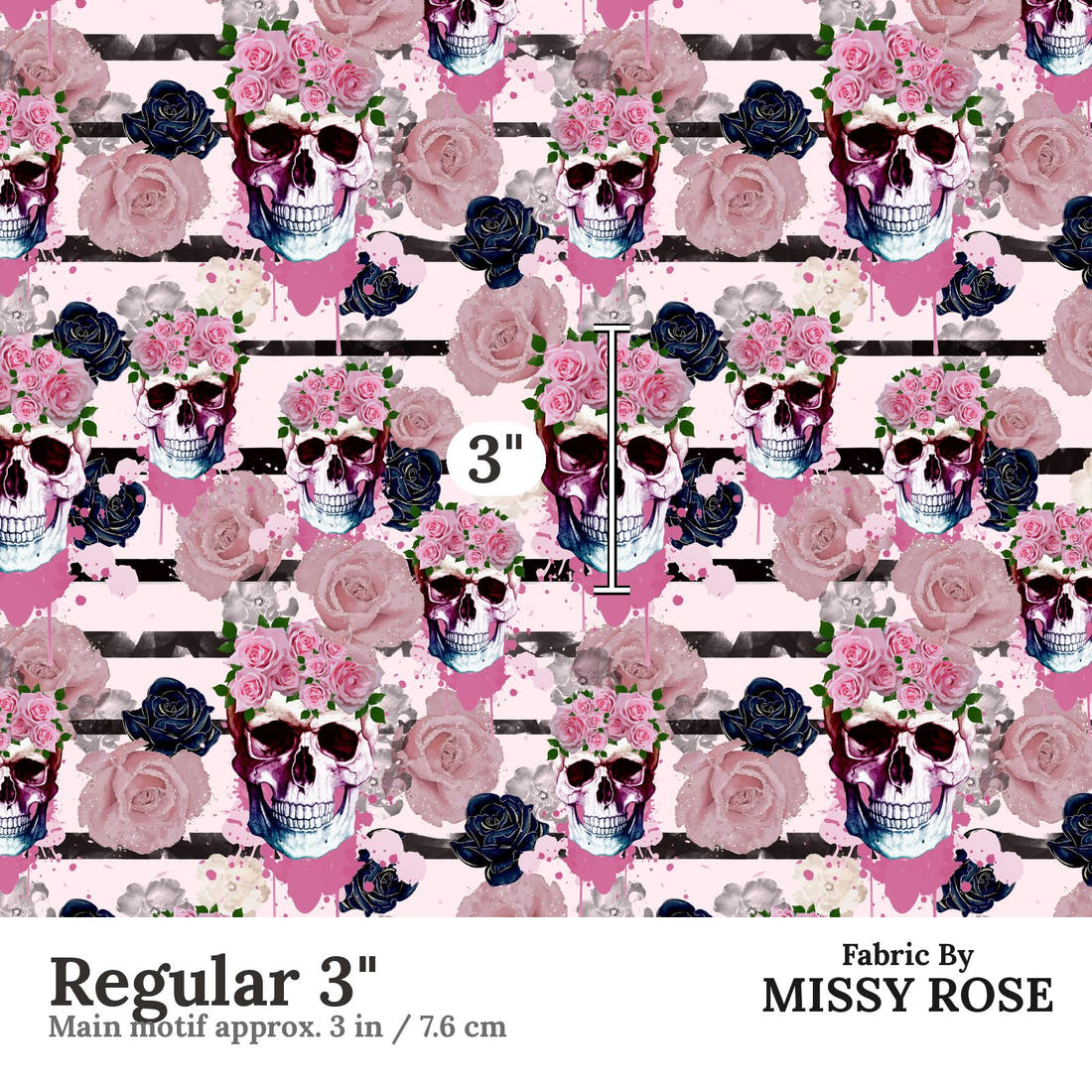 Design 861 Pink Skulls Fabric Regular 3" - print scale | Fabric by Missy Rose