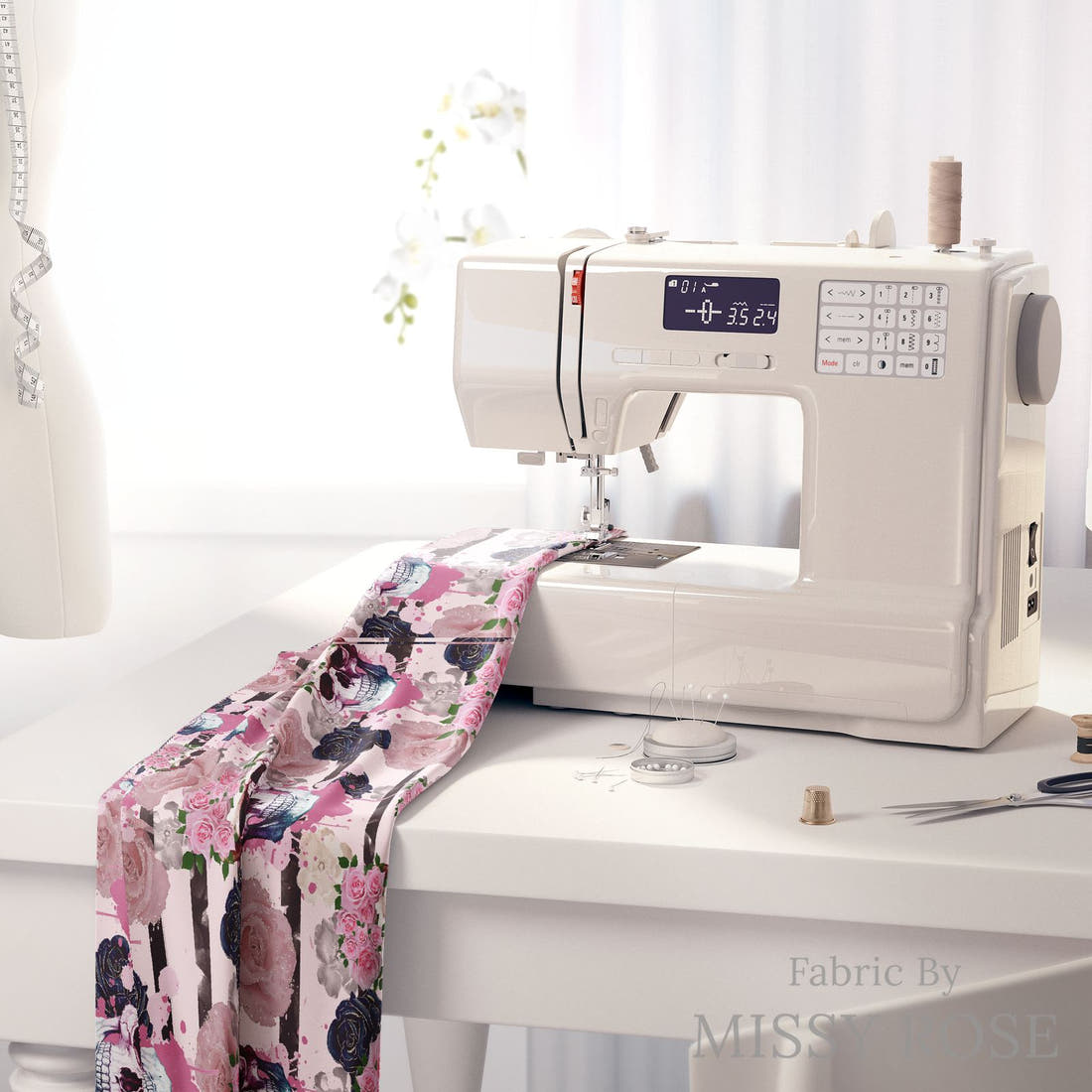 Design 861 Pink Skulls Fabric on a sewing machine – premium fabric for sewing projects | Fabric by Missy Rose