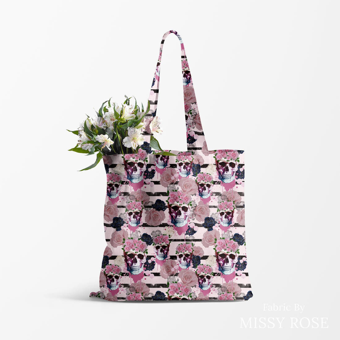 Design 861 Pink Skulls Fabric made up as a tote bag – see how the print looks made up | Fabric by Missy Rose