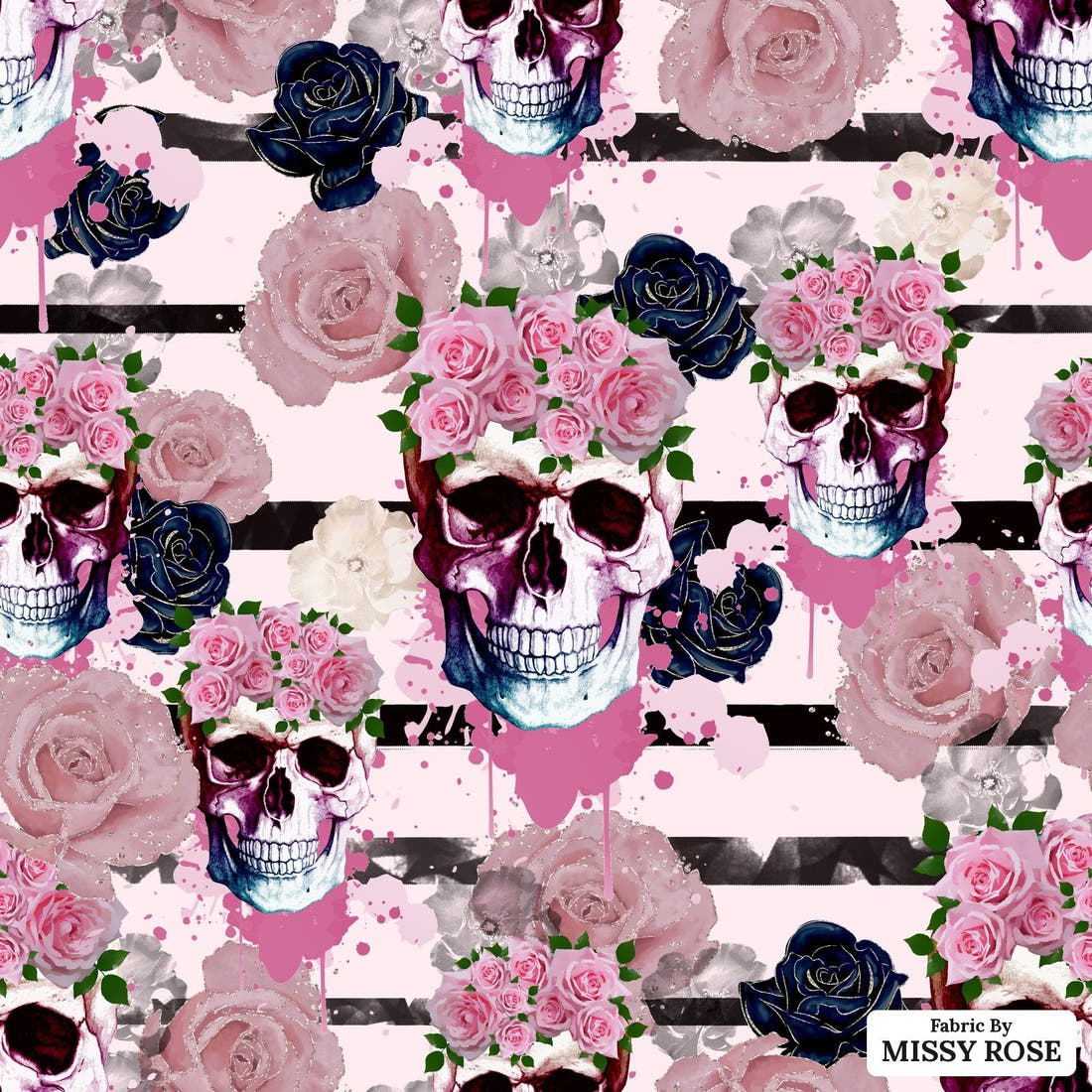 Design 861 Pink Skulls Fabric - flat view of the print, zoom in for detail | Fabric by Missy Rose