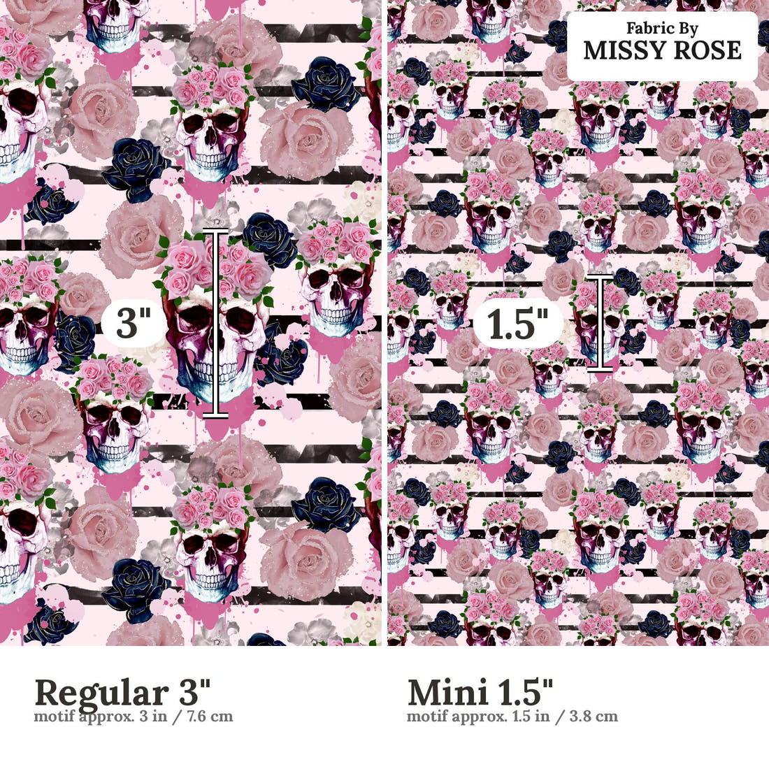 Design 861 Pink Skulls Fabric size comparison - print scale | Fabric by Missy Rose
