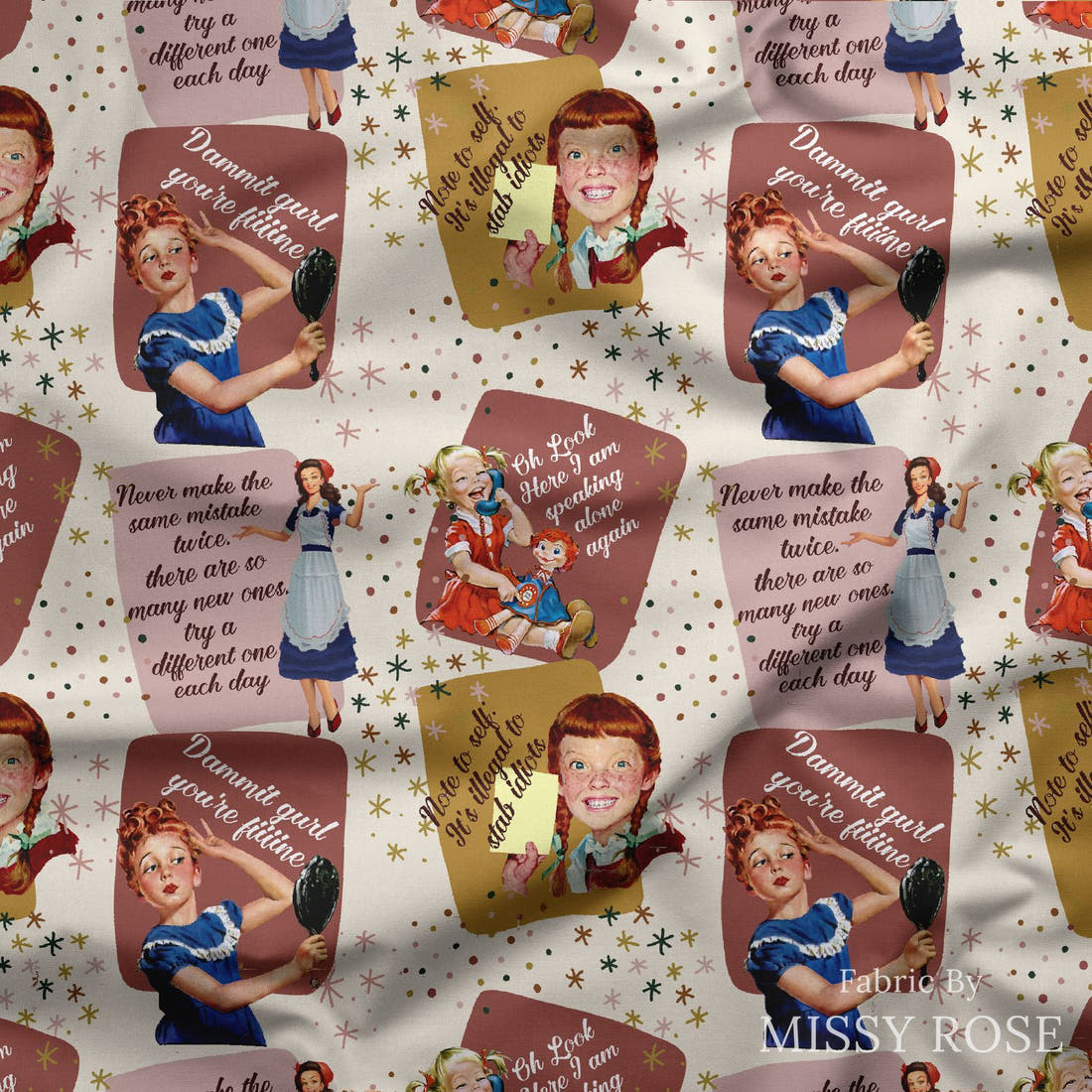 Design 862 Neutral Retro Fabric draped fabric mockup – custom printed fabric by the metre | Fabric by Missy Rose