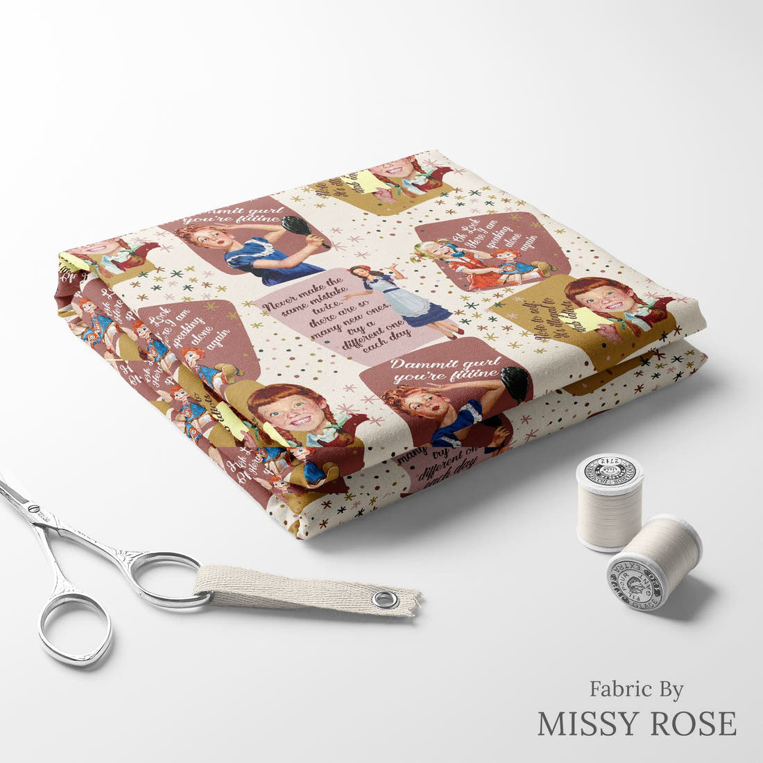 Design 862 Neutral Retro Fabric folded fabric stack with matching thread – pre-order fabric Australia | Fabric by Missy Rose