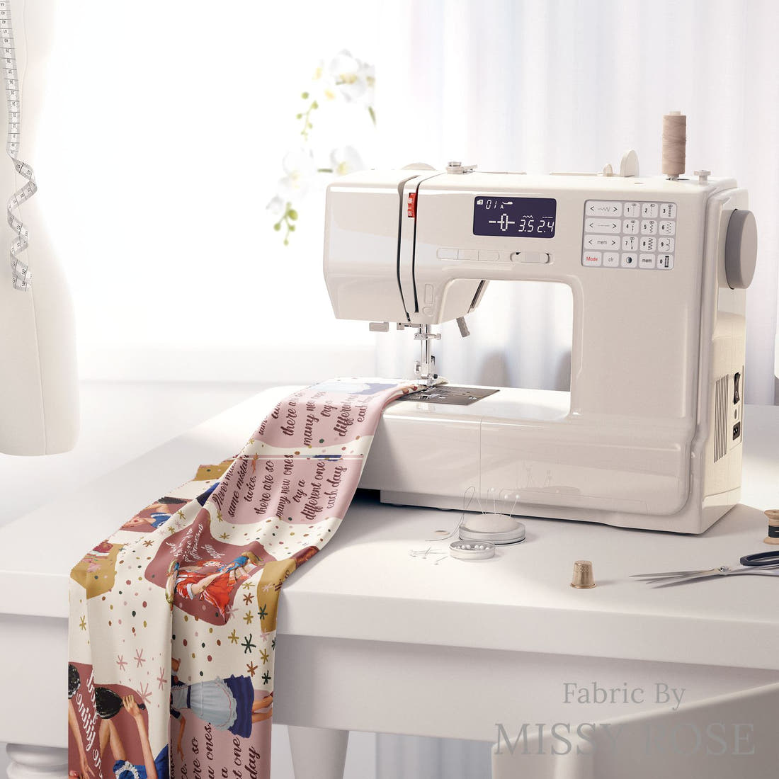Design 862 Neutral Retro Fabric on a sewing machine – premium fabric for sewing projects | Fabric by Missy Rose