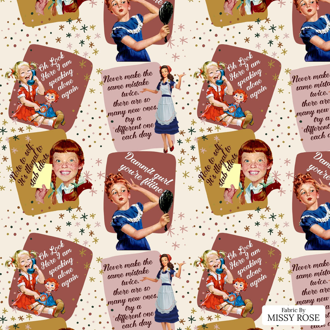 Design 862 Neutral Retro Fabric - flat view of the print, zoom in for detail | Fabric by Missy Rose