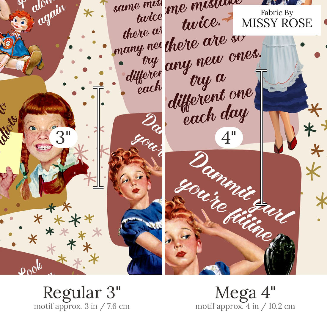 Design 862 Neutral Retro Fabric Regular 3 inch vs Mega 4 inch print scale side by side | Fabric by Missy Rose