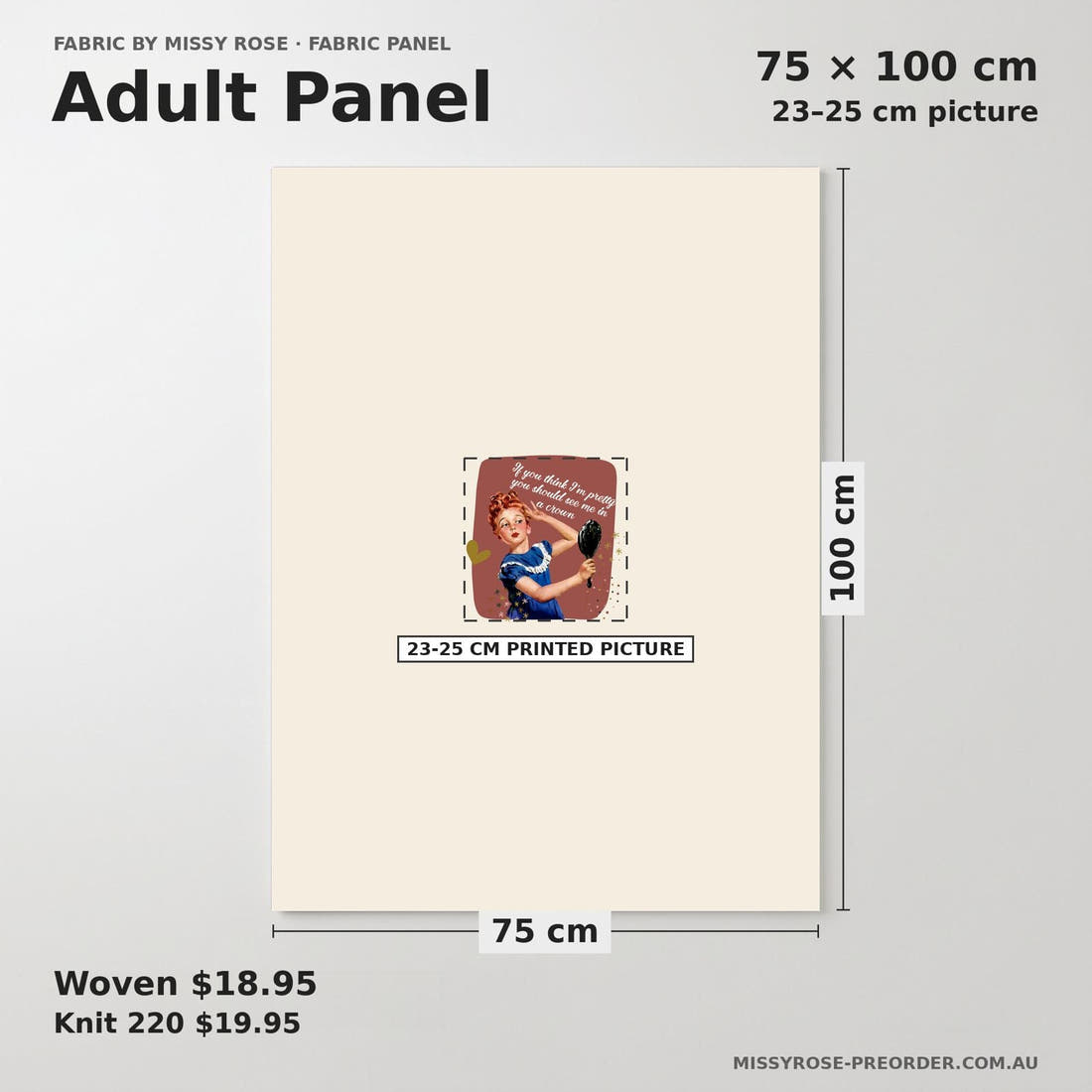 Design 862 Neutral Retro Panel adult panel sizing – 23–25 cm printed picture on 75 × 100 cm fabric | Fabric by Missy Rose