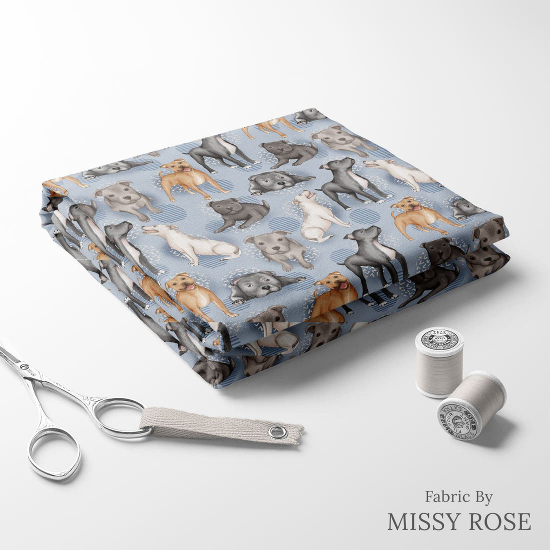Design 863 Staffy Fabric folded fabric stack with matching thread – pre-order fabric Australia | Fabric by Missy Rose