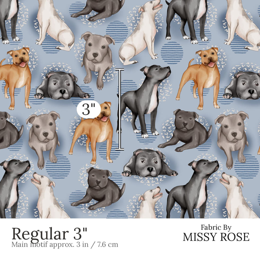 Design 863 Staffy Fabric Regular 3 inch print scale guide | Fabric by Missy Rose