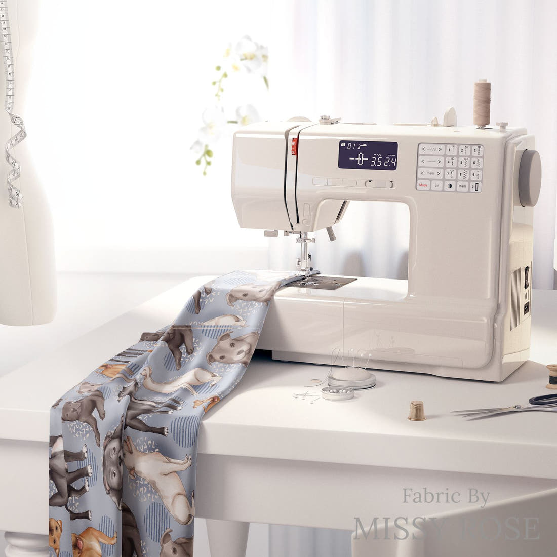 Design 863 Staffy Fabric on a sewing machine – premium fabric for sewing projects | Fabric by Missy Rose