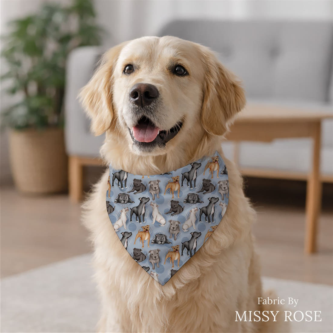 Design 863 Staffy Fabric sewn into a dog bandana – see how the print looks made up | Fabric by Missy Rose