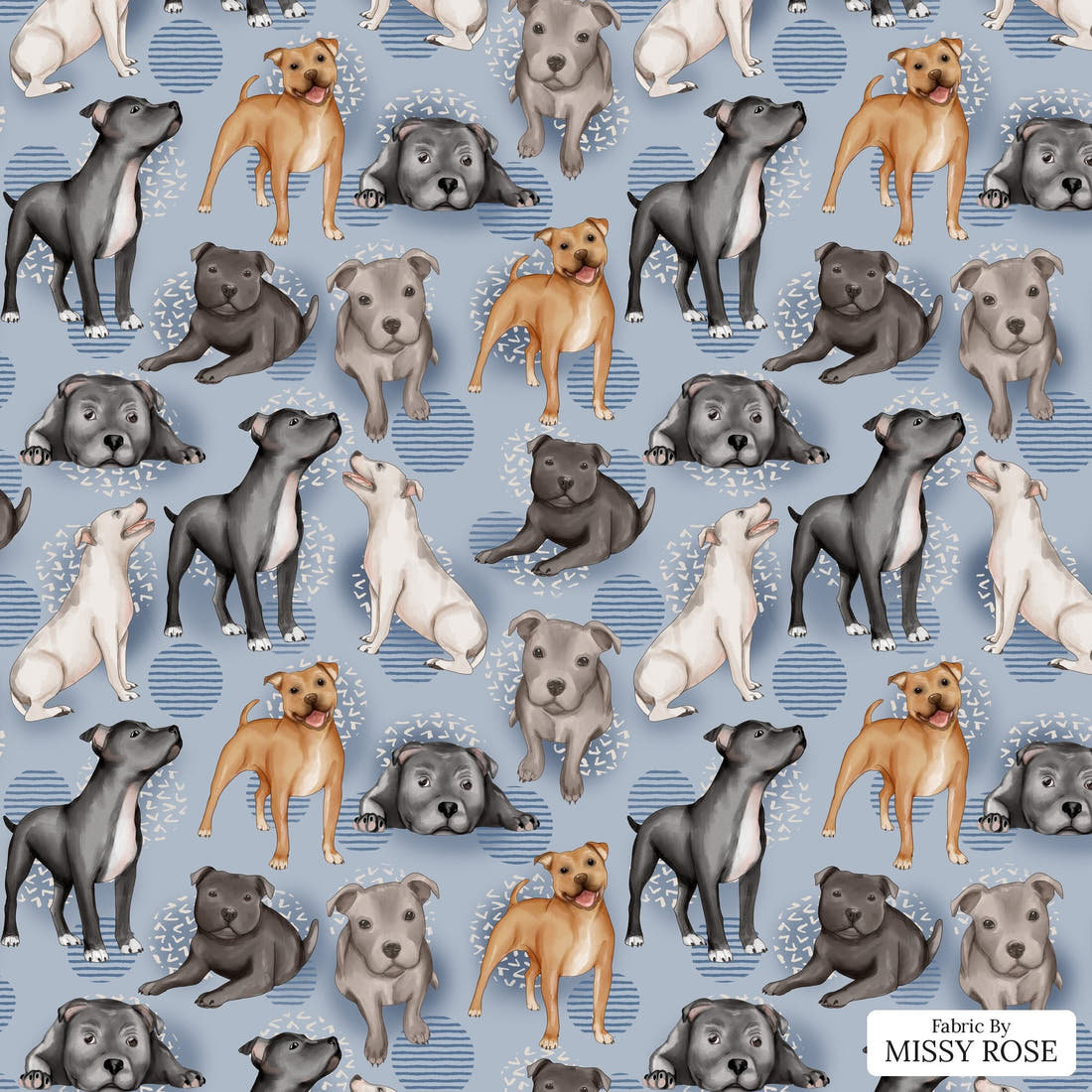 Design 863 Staffy Fabric - flat view of the print, zoom in for detail | Fabric by Missy Rose