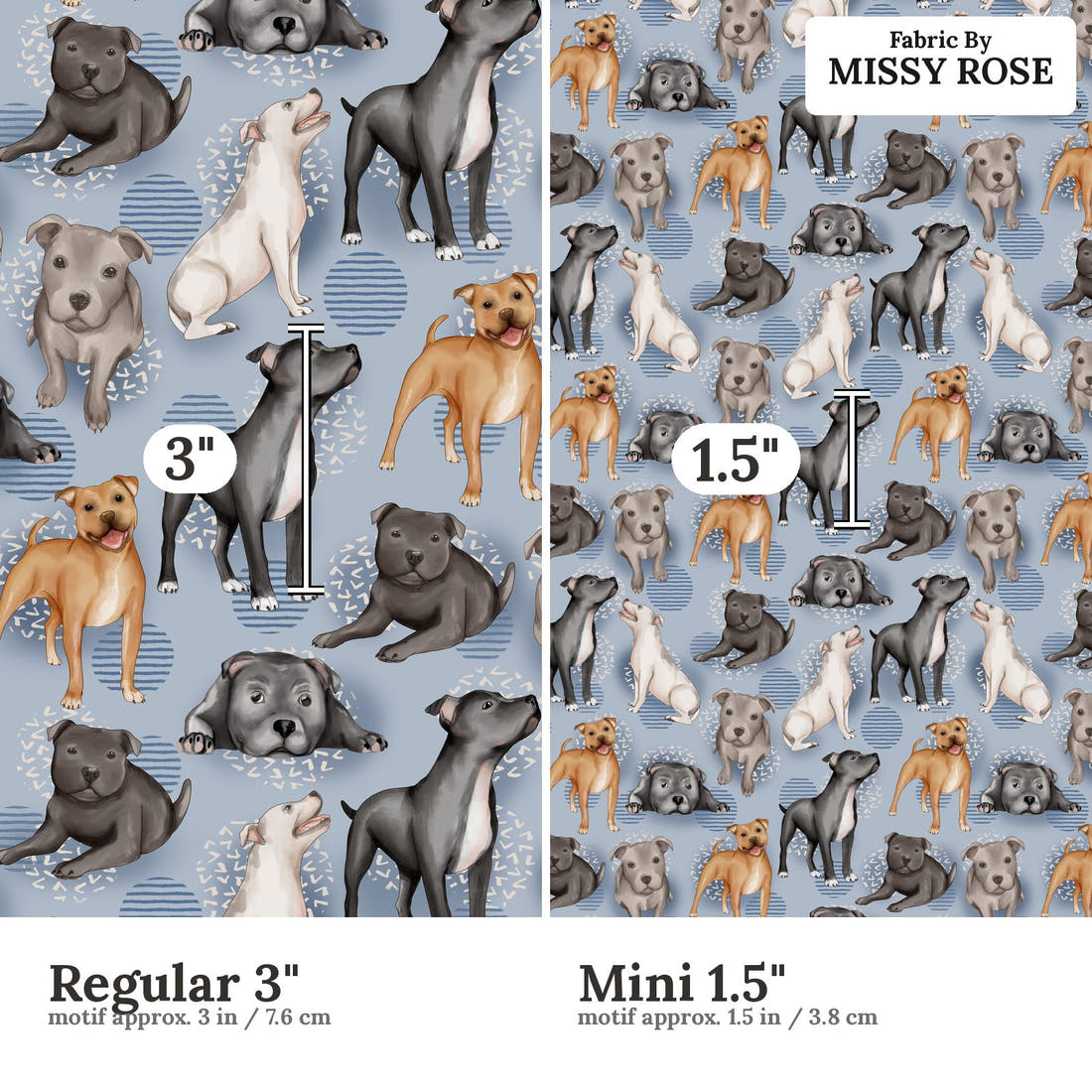 Design 863 Staffy Fabric size comparison - print scale | Fabric by Missy Rose