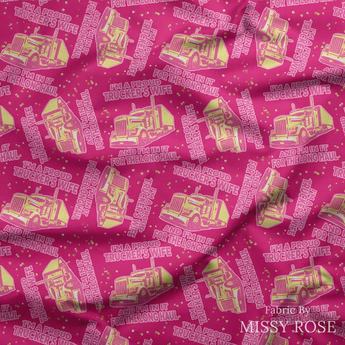 Design 864 Truckers Wife Fabric draped fabric mockup – custom printed fabric by the metre | Fabric by Missy Rose