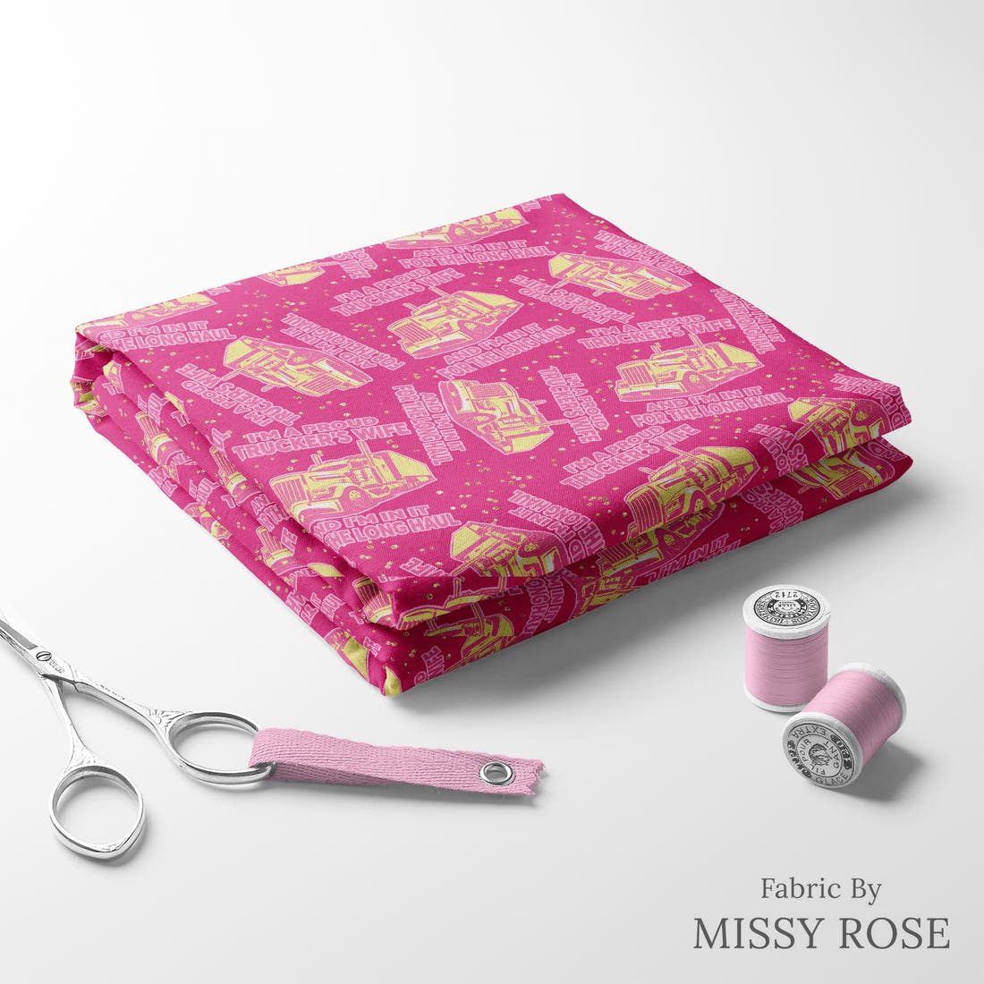 Design 864 Truckers Wife Fabric folded fabric stack with matching thread – pre-order fabric Australia | Fabric by Missy Rose