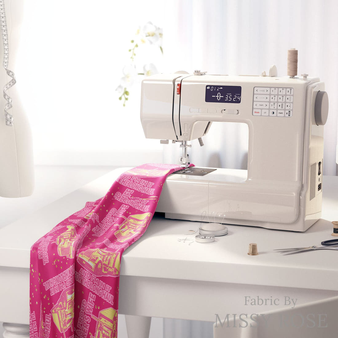 Design 864 Truckers Wife Fabric on a sewing machine – premium fabric for sewing projects | Fabric by Missy Rose