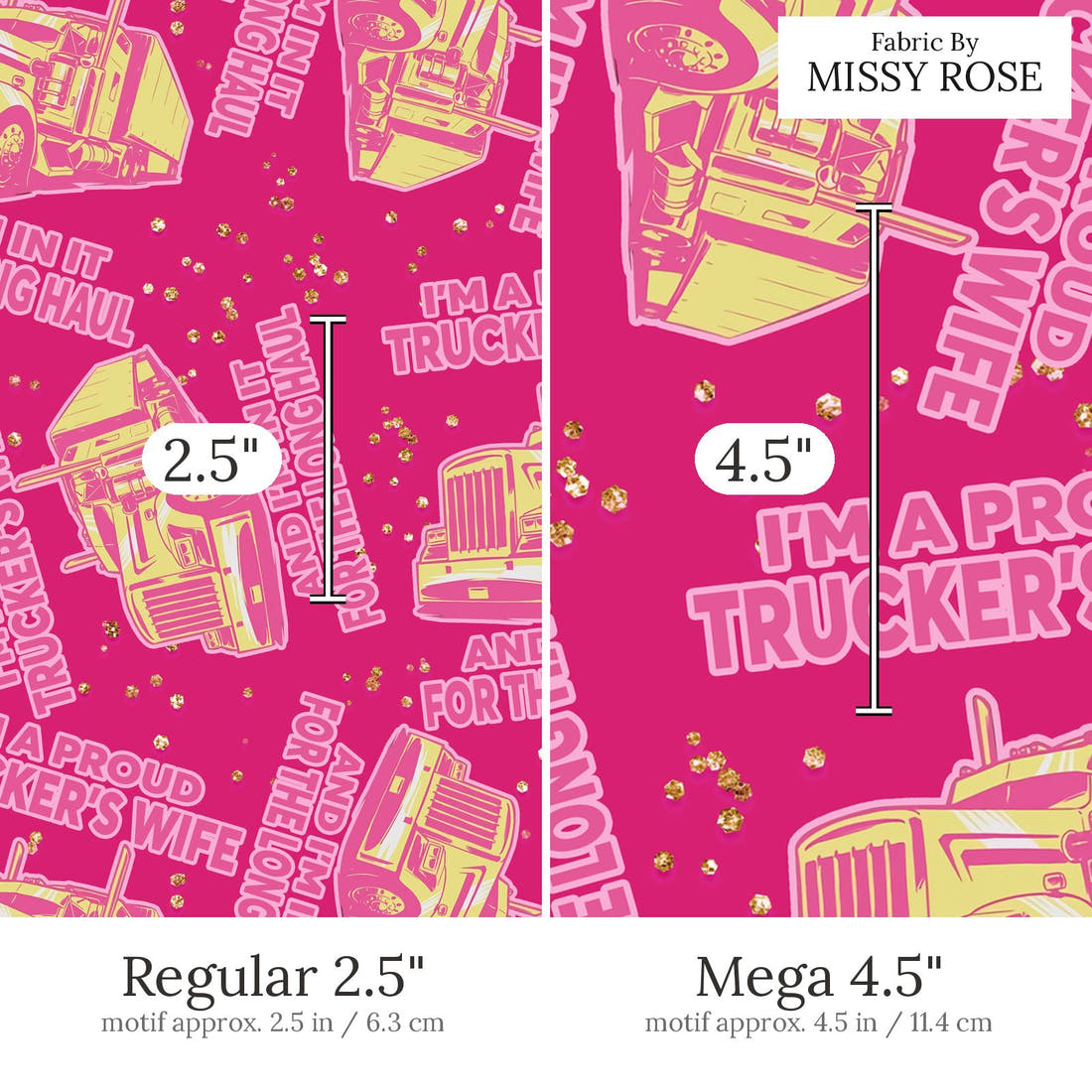 Design 864 Truckers Wife Fabric Regular 2.5 inch vs Mega 4.5 inch print scale side by side | Fabric by Missy Rose