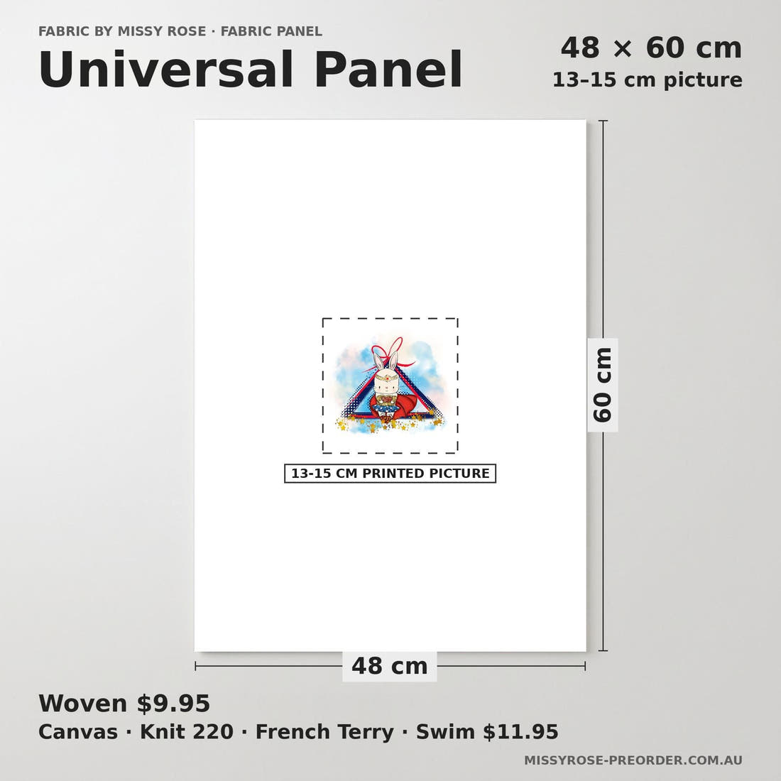 Design 865 Super Bunny Panel universal panel sizing – 13–15 cm printed picture on 48 × 60 cm fabric | Fabric by Missy Rose