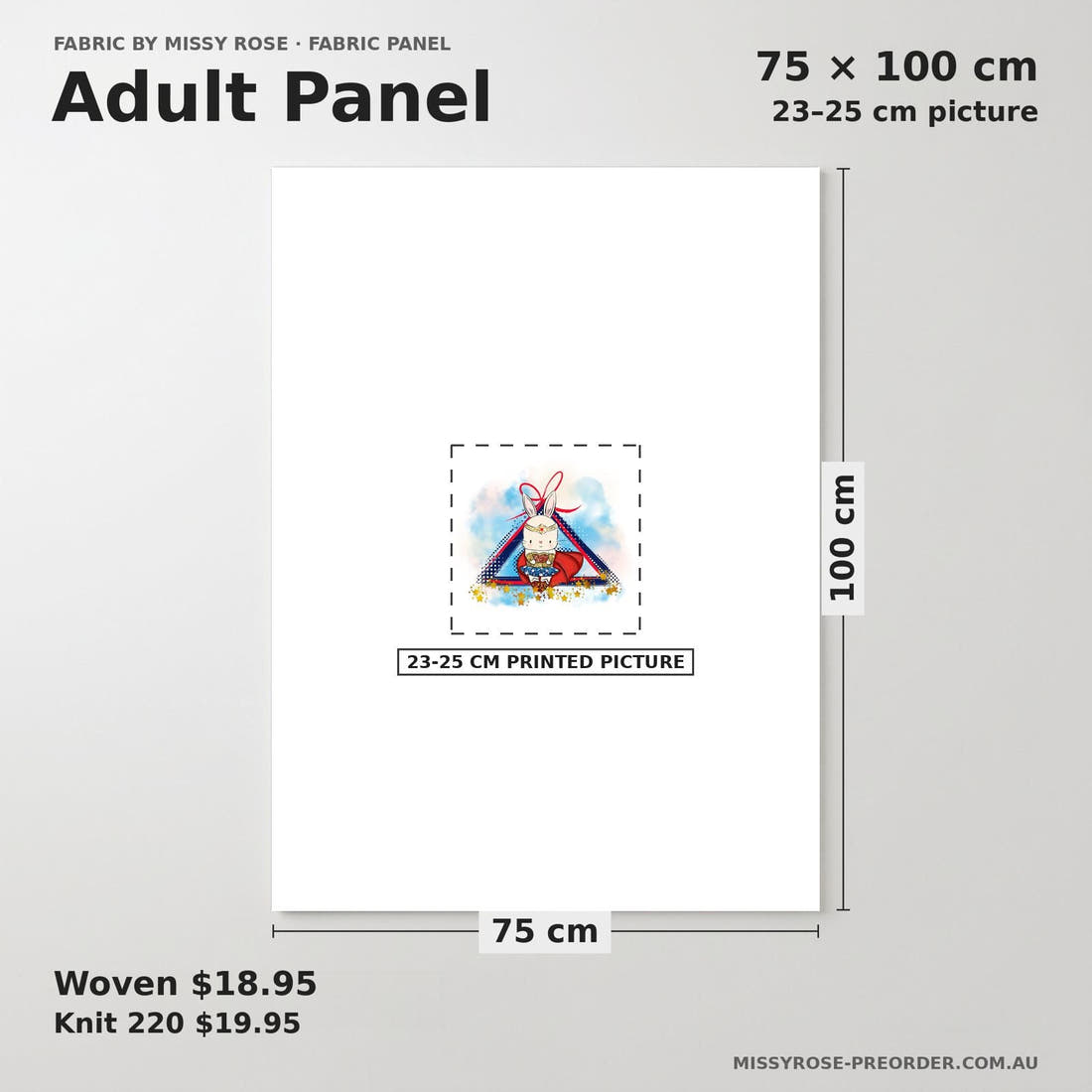 Design 865 Super Bunny Panel adult panel sizing – 23–25 cm printed picture on 75 × 100 cm fabric | Fabric by Missy Rose