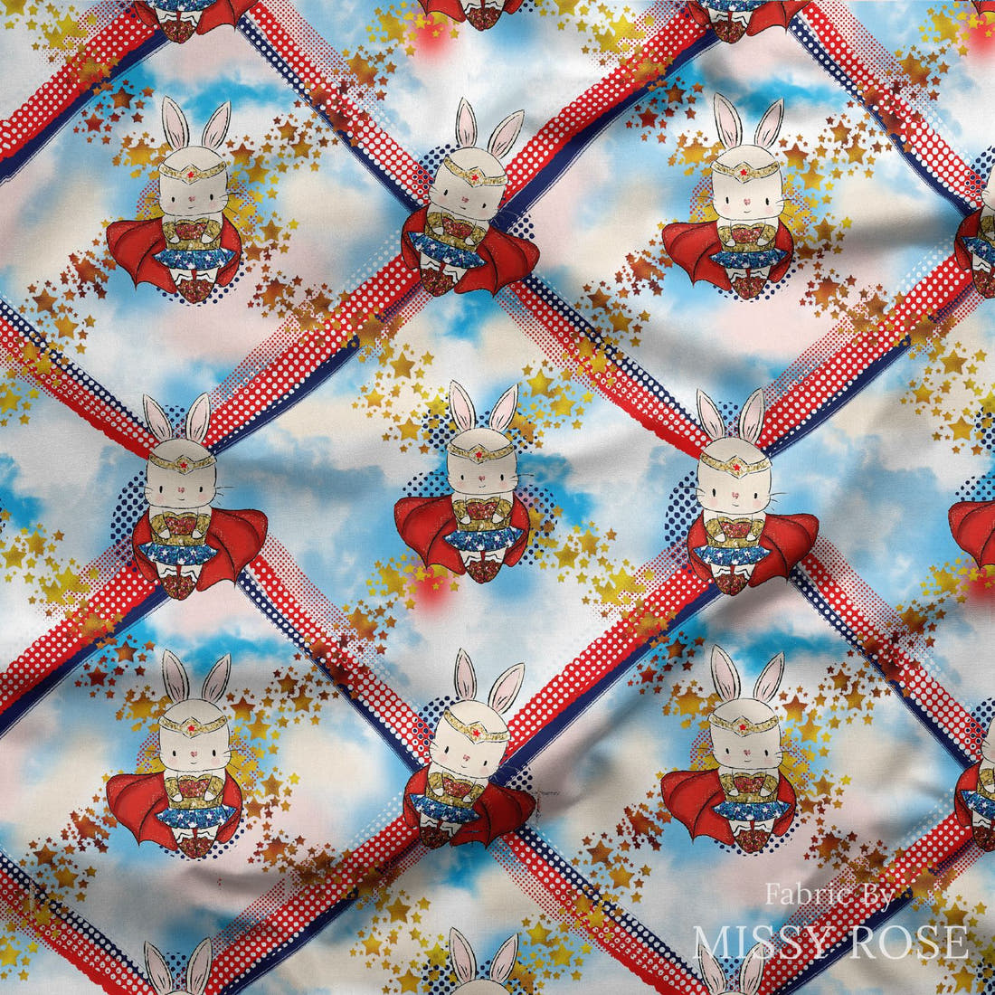 Design 865 Super Bunny Fabric draped fabric mockup – custom printed fabric by the metre | Fabric by Missy Rose