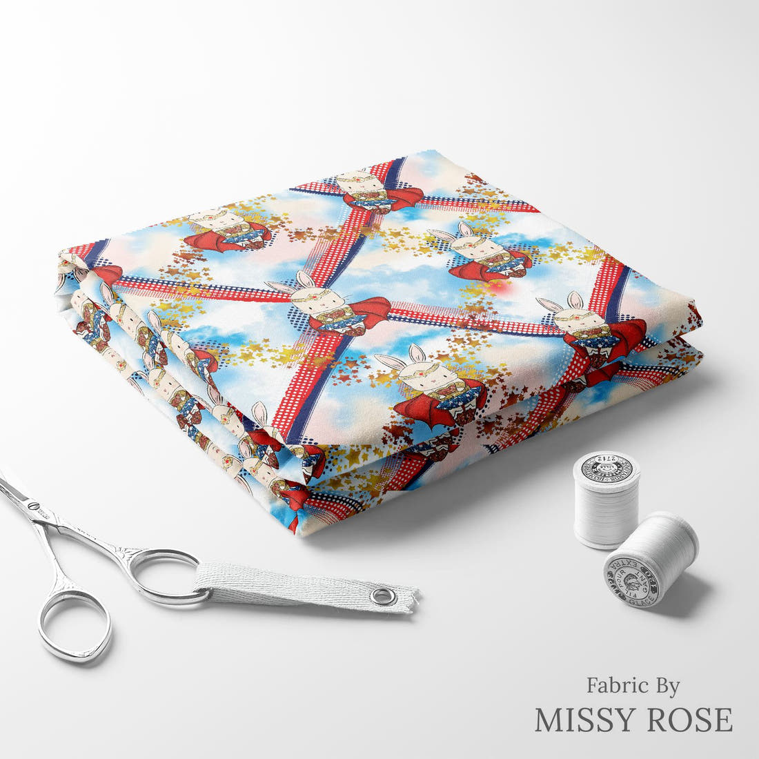 Design 865 Super Bunny Fabric folded fabric stack with matching thread – pre-order fabric Australia | Fabric by Missy Rose