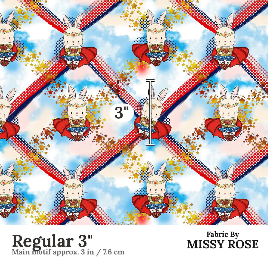 Design 865 Super Bunny Fabric Regular 3" - print scale | Fabric by Missy Rose