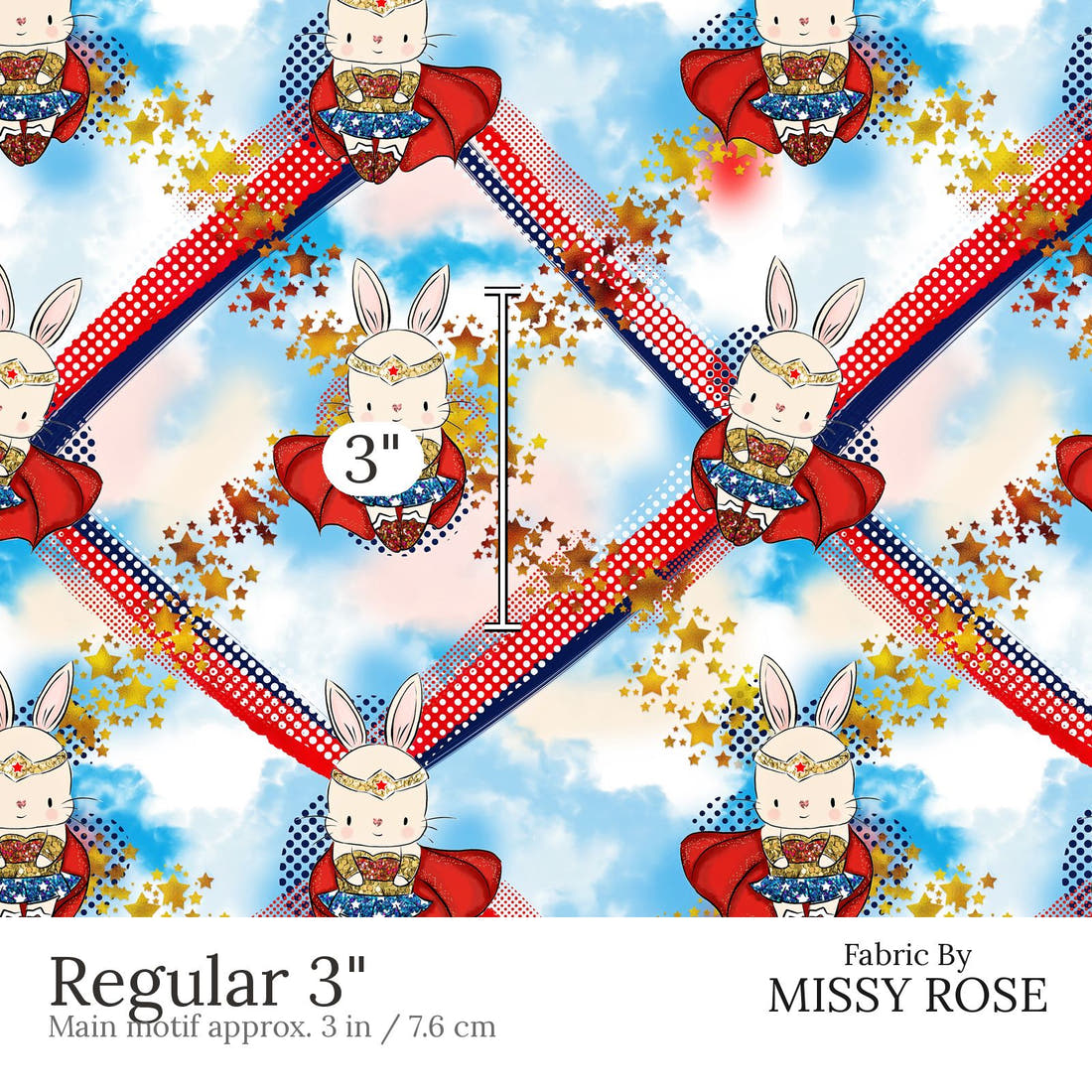 Design 865 Super Bunny Fabric Regular 3 inch print scale guide | Fabric by Missy Rose