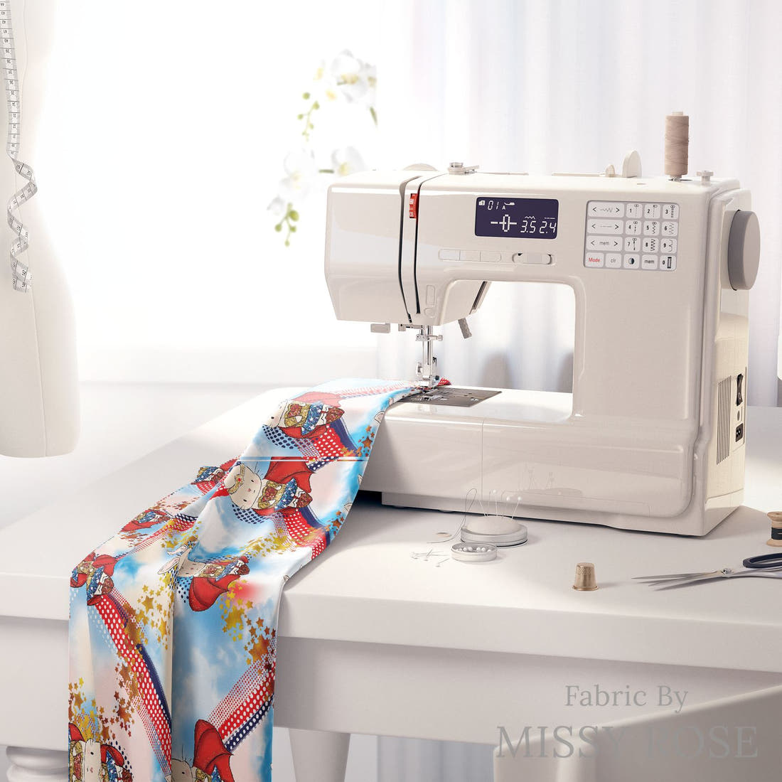 Design 865 Super Bunny Fabric on a sewing machine – premium fabric for sewing projects | Fabric by Missy Rose