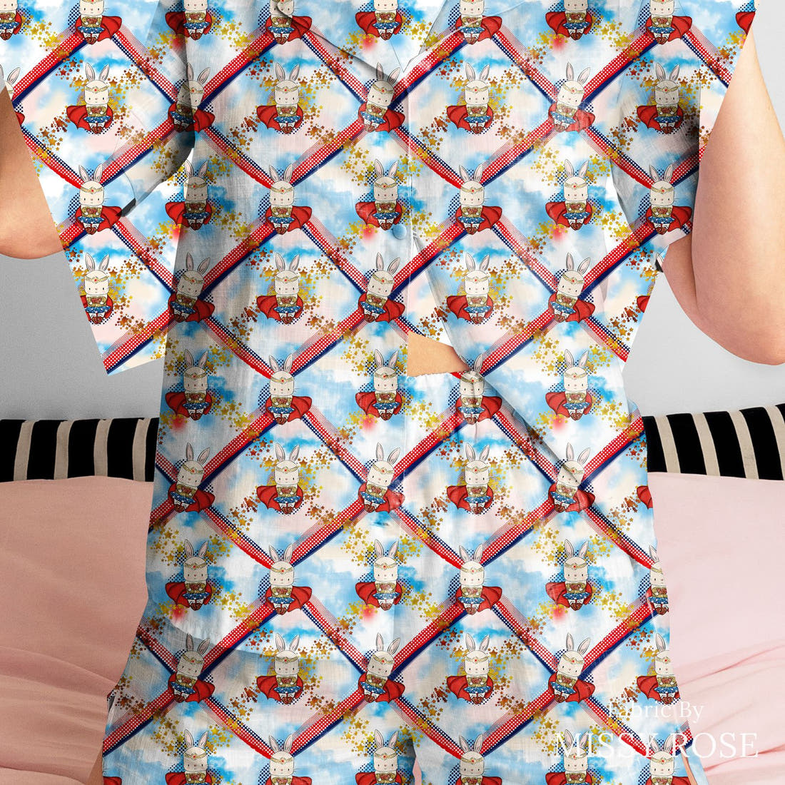 Design 865 Super Bunny Fabric sewn into a women's pyjama set – see how the print looks made up | Fabric by Missy Rose