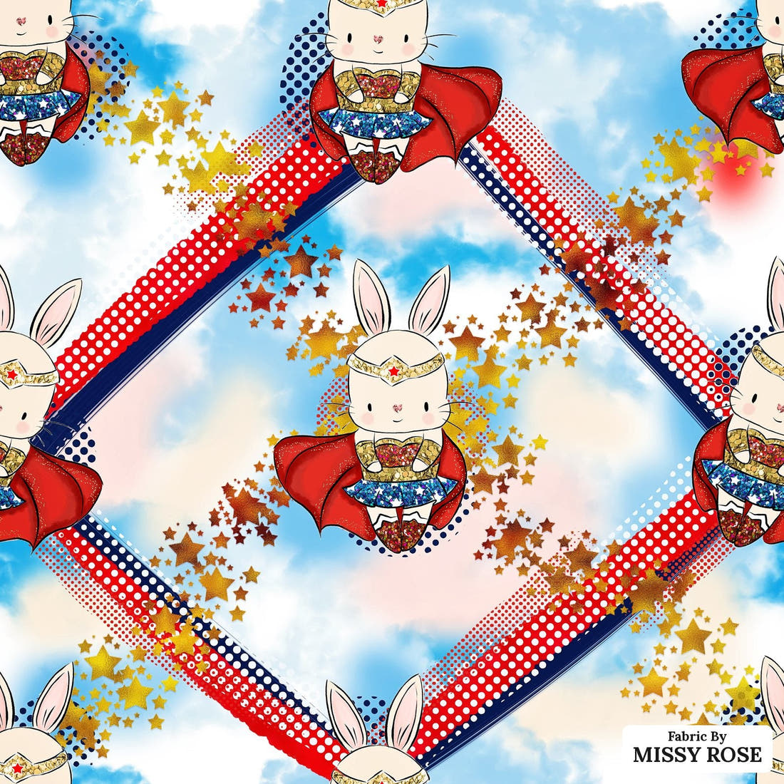Design 865 Super Bunny Fabric - flat view of the print, zoom in for detail | Fabric by Missy Rose