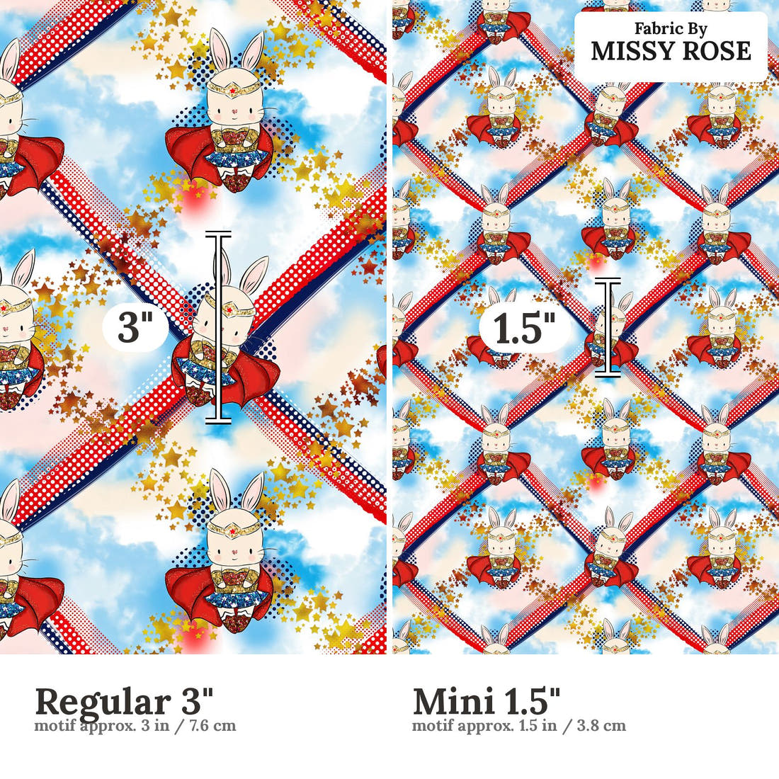 Design 865 Super Bunny Fabric size comparison - print scale | Fabric by Missy Rose
