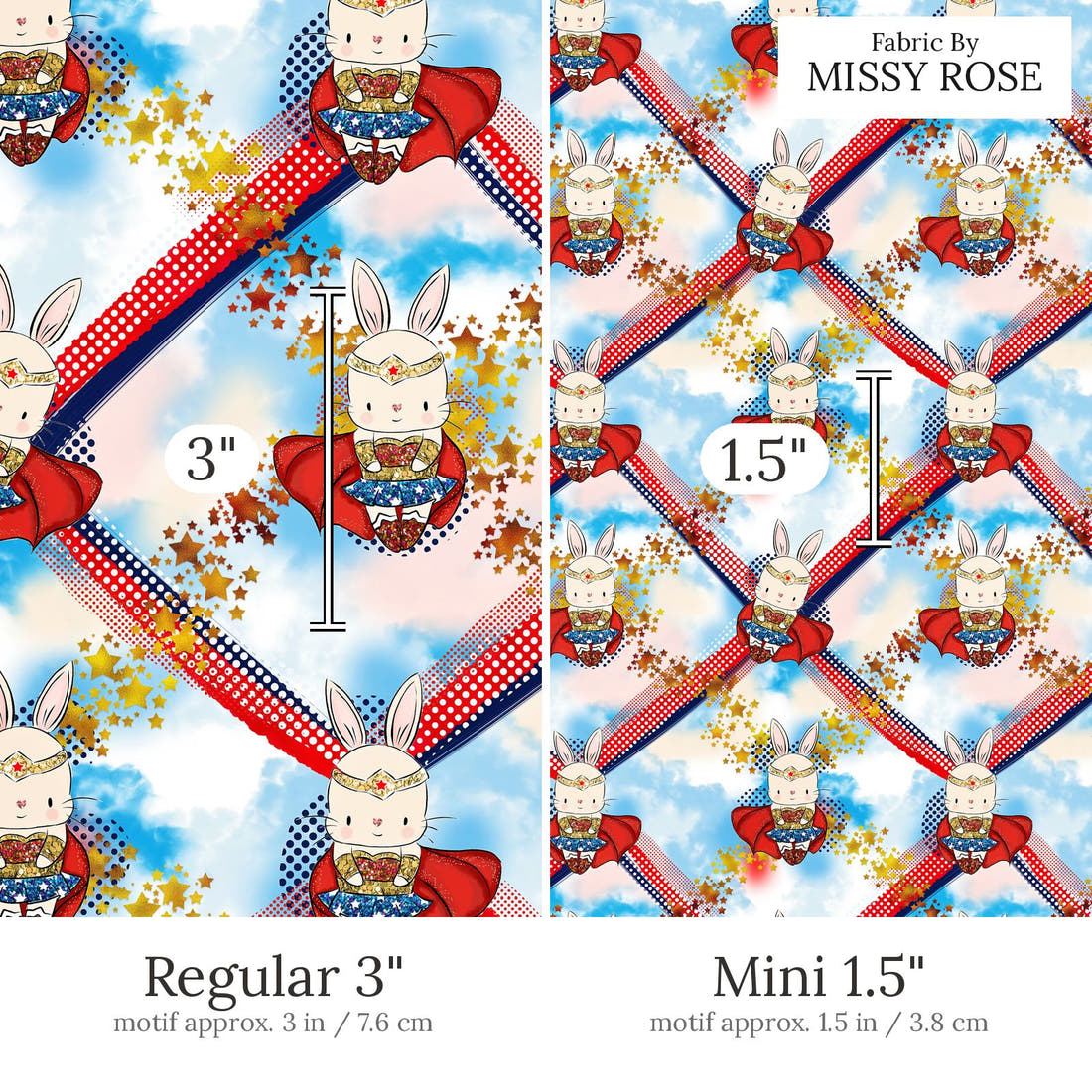 Design 865 Super Bunny Fabric Regular 3 inch vs Mini 1.5 inch print scale side by side | Fabric by Missy Rose