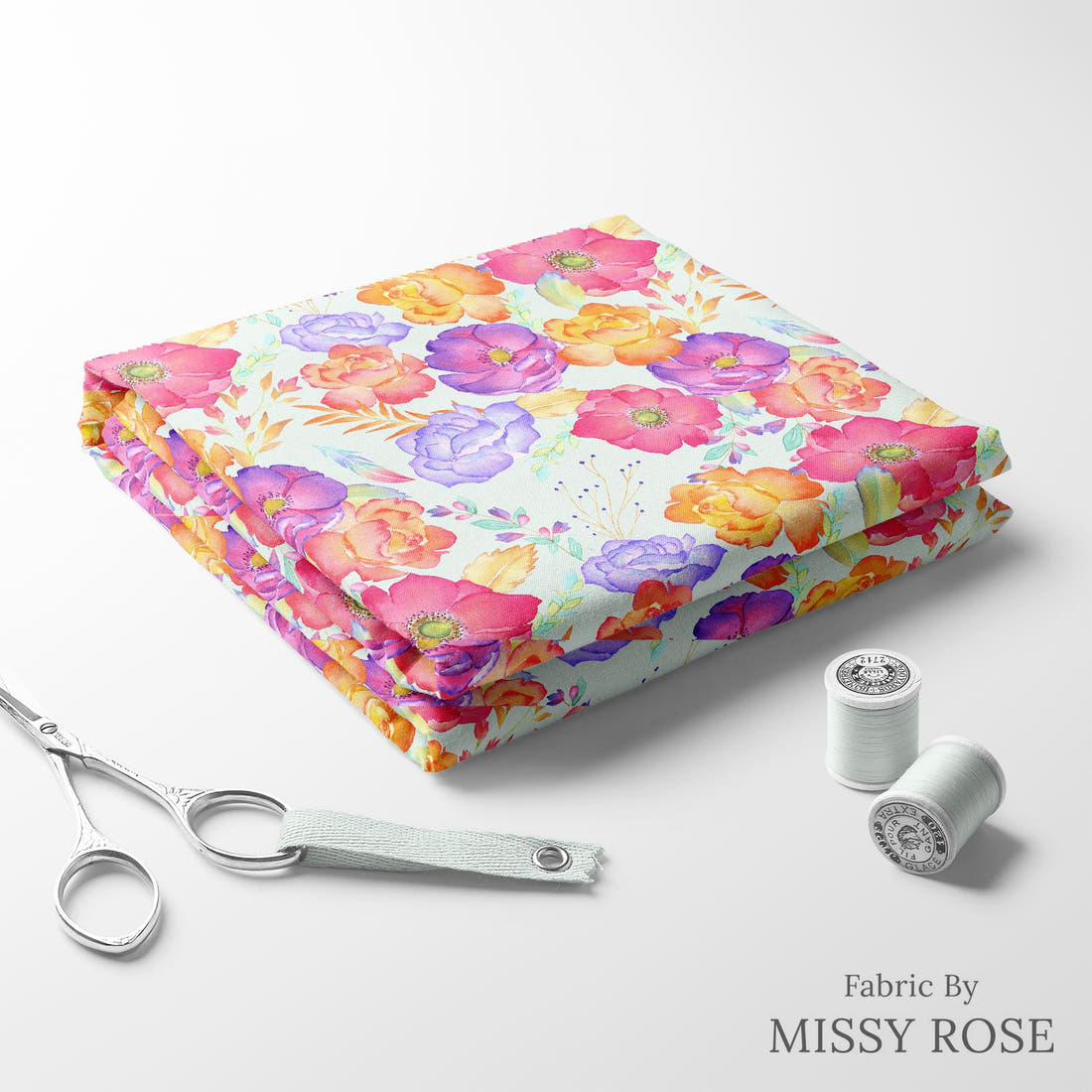 Design 866 Green Floral Fabric folded fabric stack with matching thread – pre-order fabric Australia | Fabric by Missy Rose