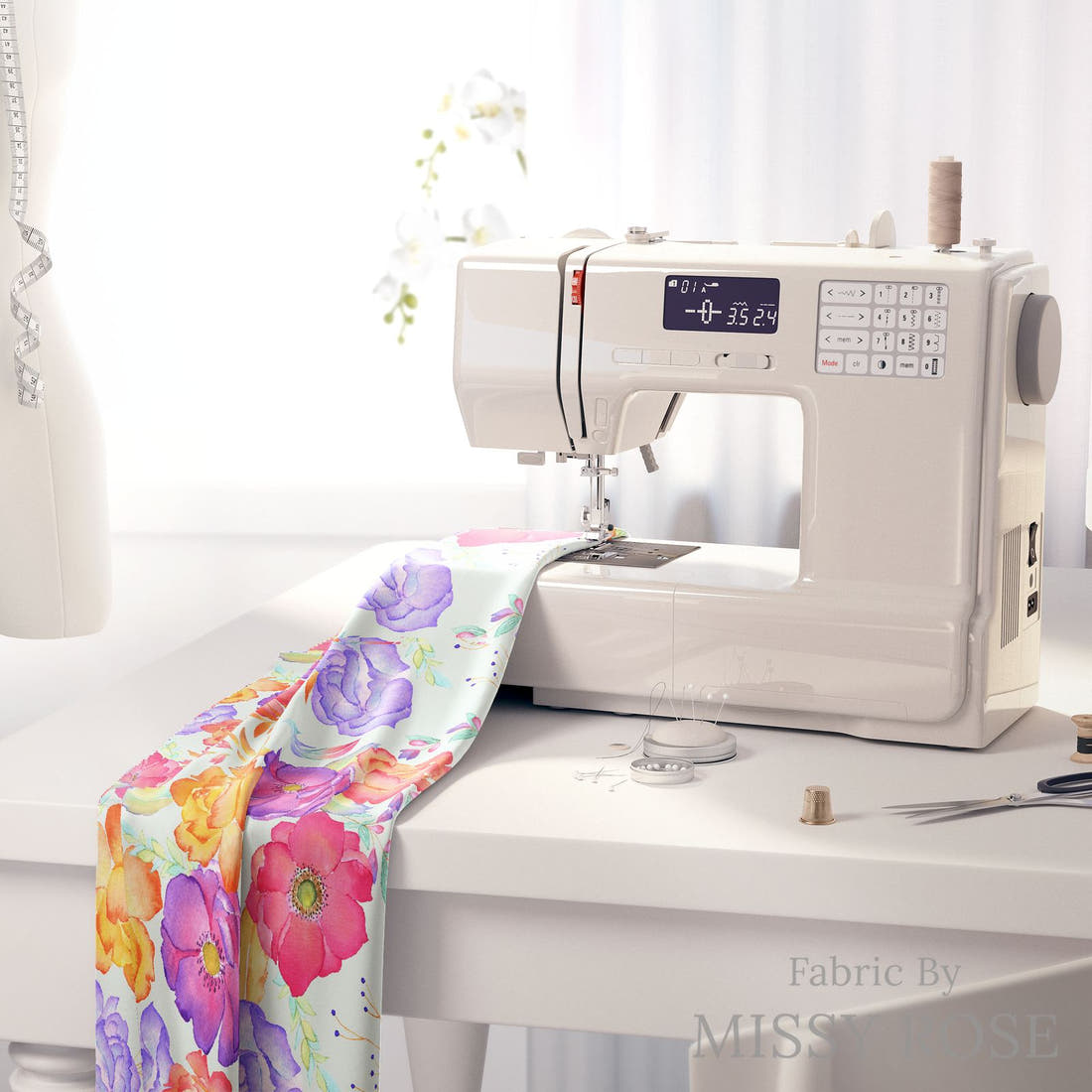 Design 866 Green Floral Fabric on a sewing machine – premium fabric for sewing projects | Fabric by Missy Rose