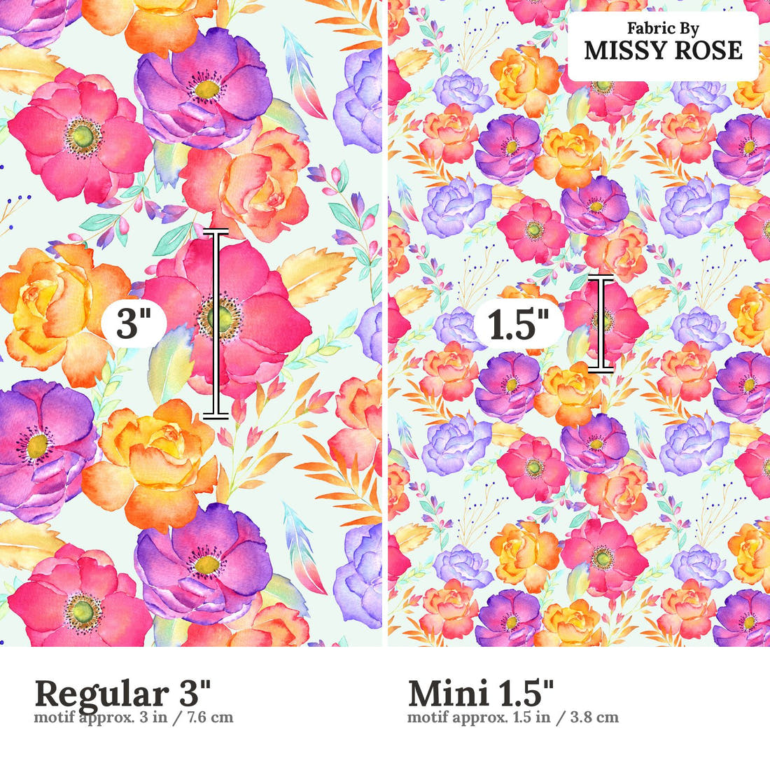 Design 866 Green Floral Fabric size comparison - print scale | Fabric by Missy Rose