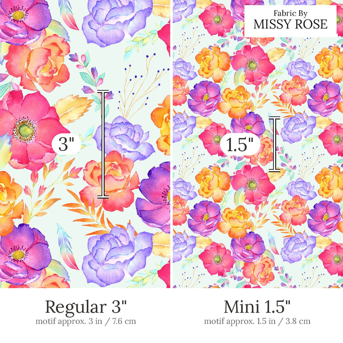 Design 866 Green Floral Fabric Regular 3 inch vs Mini 1.5 inch print scale side by side | Fabric by Missy Rose