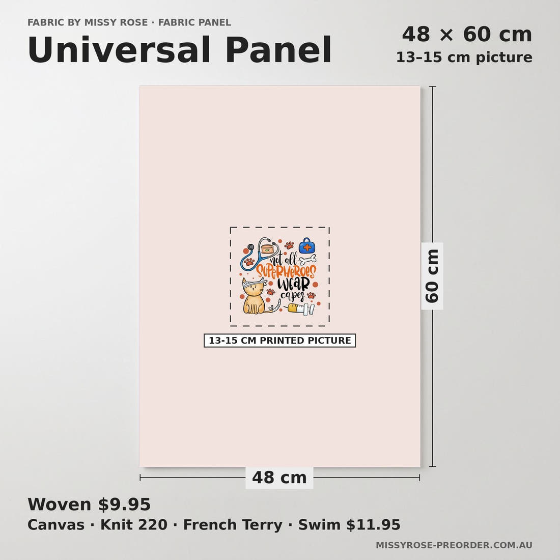 Design 867 Vet Panel universal panel sizing – 13–15 cm printed picture on 48 × 60 cm fabric | Fabric by Missy Rose