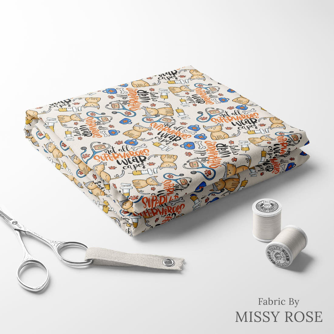 Design 867 Vet Fabric folded fabric stack with matching thread – pre-order fabric Australia | Fabric by Missy Rose
