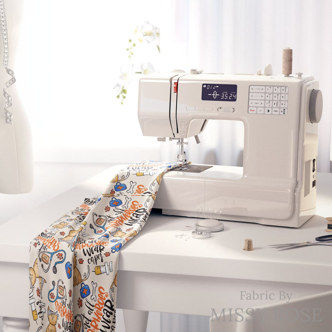 Design 867 Vet Fabric on a sewing machine – premium fabric for sewing projects | Fabric by Missy Rose